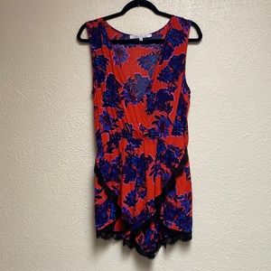 Lovers + Friends floral print and lace romper size L